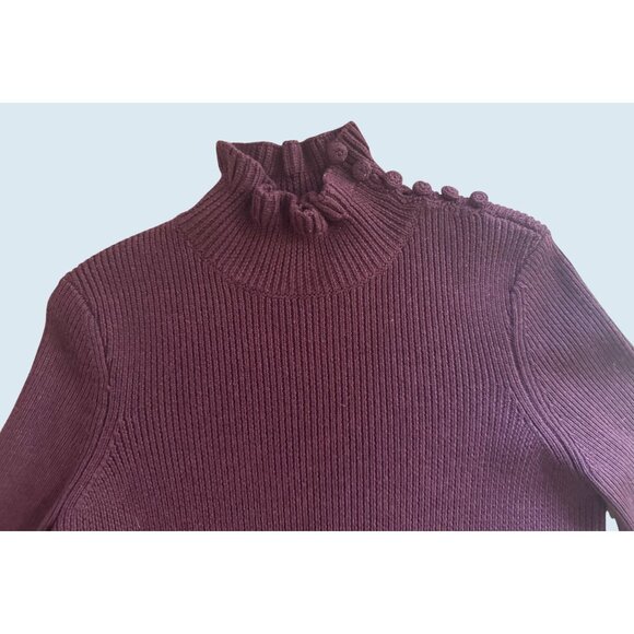 SEE BY CHLOE Burgundy Ruffle Neck Shoulder Button Wool Ribbed Sweater Sz L - Picture 3 of 7